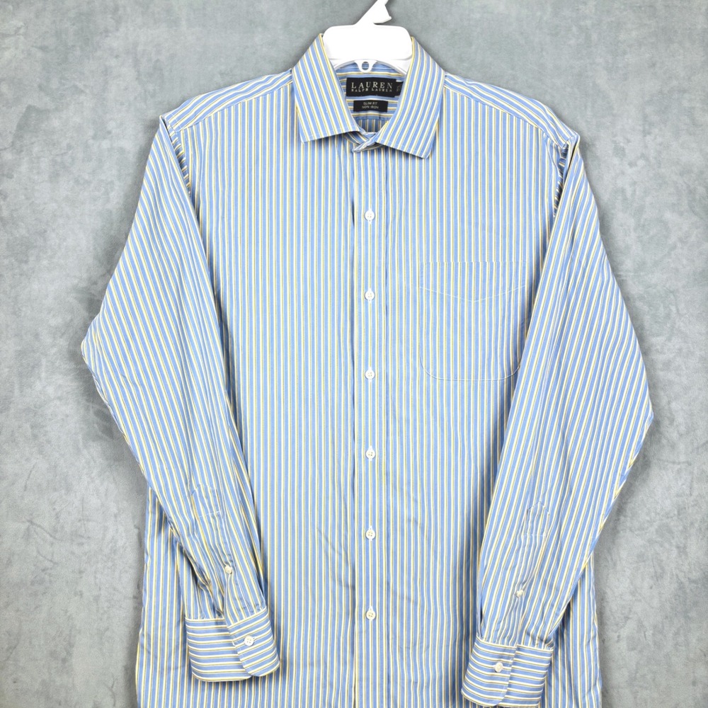 Lauren Ralph Lauren Mens Slim Fit Non Iron Stripe Shirt Blue Yellow 16.5 34/35